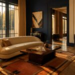 Art Deco interior showcasing geometric patterns, rich colors, and luxurious materials.