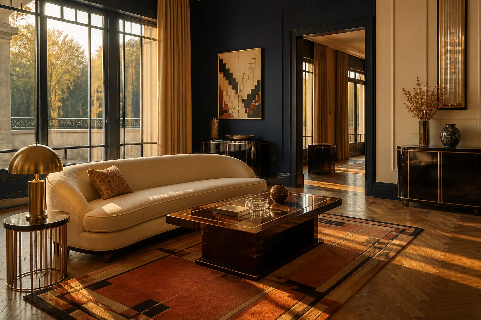 Art Deco interior showcasing geometric patterns, rich colors, and luxurious materials.