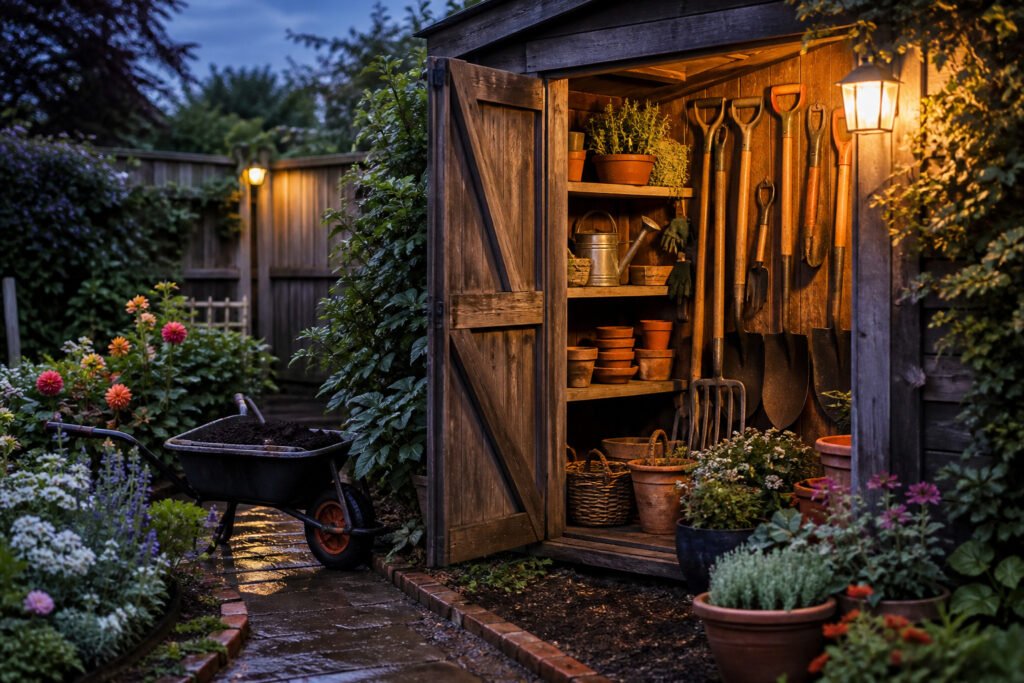 A small backyard garden at dusk with warm lantern light