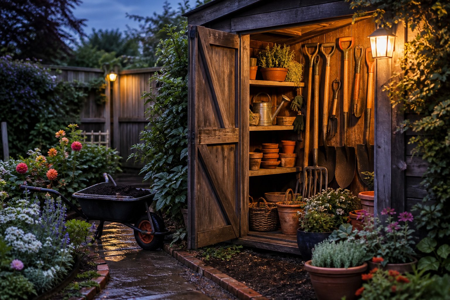 A small backyard garden at dusk with warm lantern light