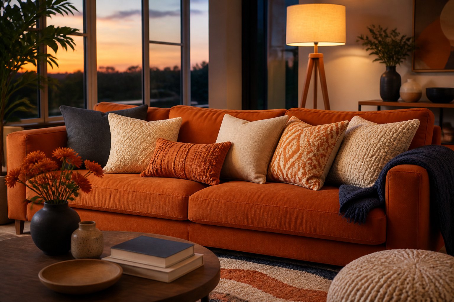 Cozy living room with an orange sofa and various throw pillows at sunset