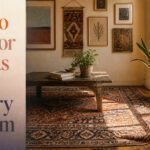 A colorful boho living room with various textiles and plants.