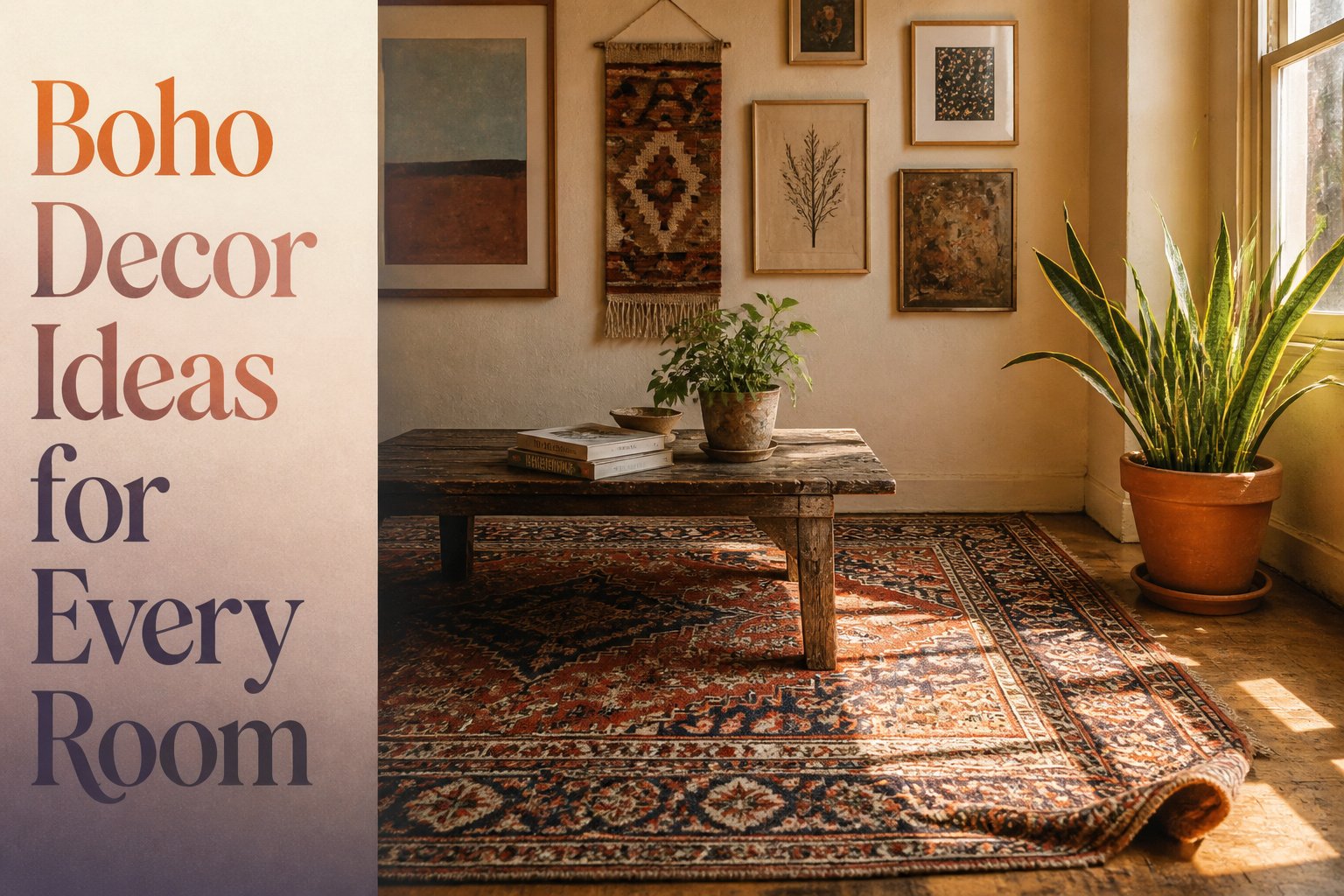 A colorful boho living room with various textiles and plants.
