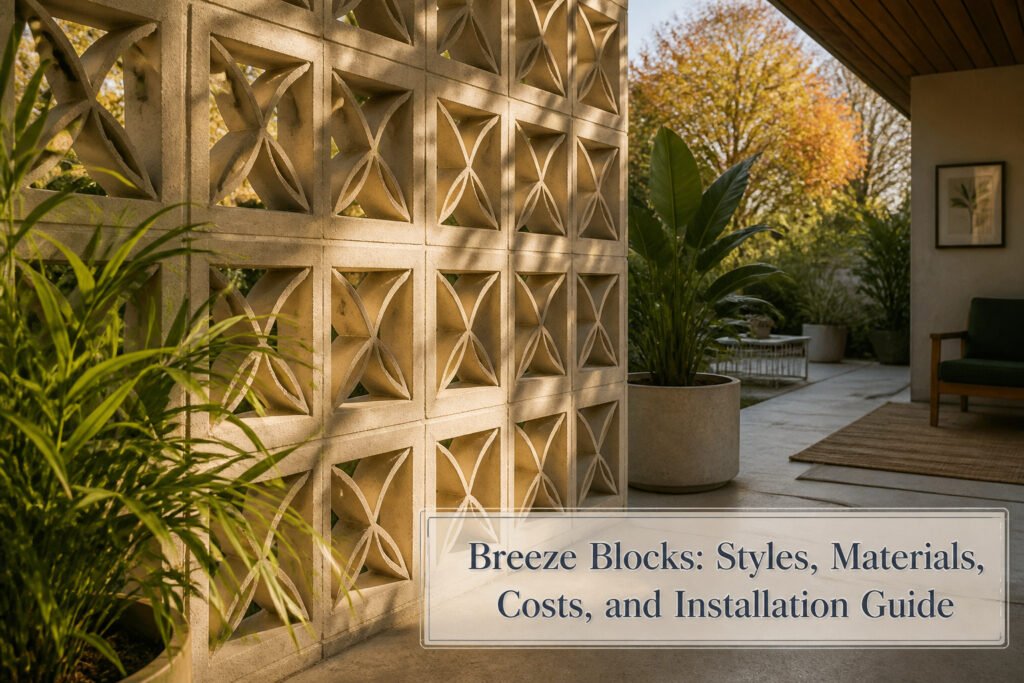 Different styles of breeze blocks displayed in an outdoor setting.