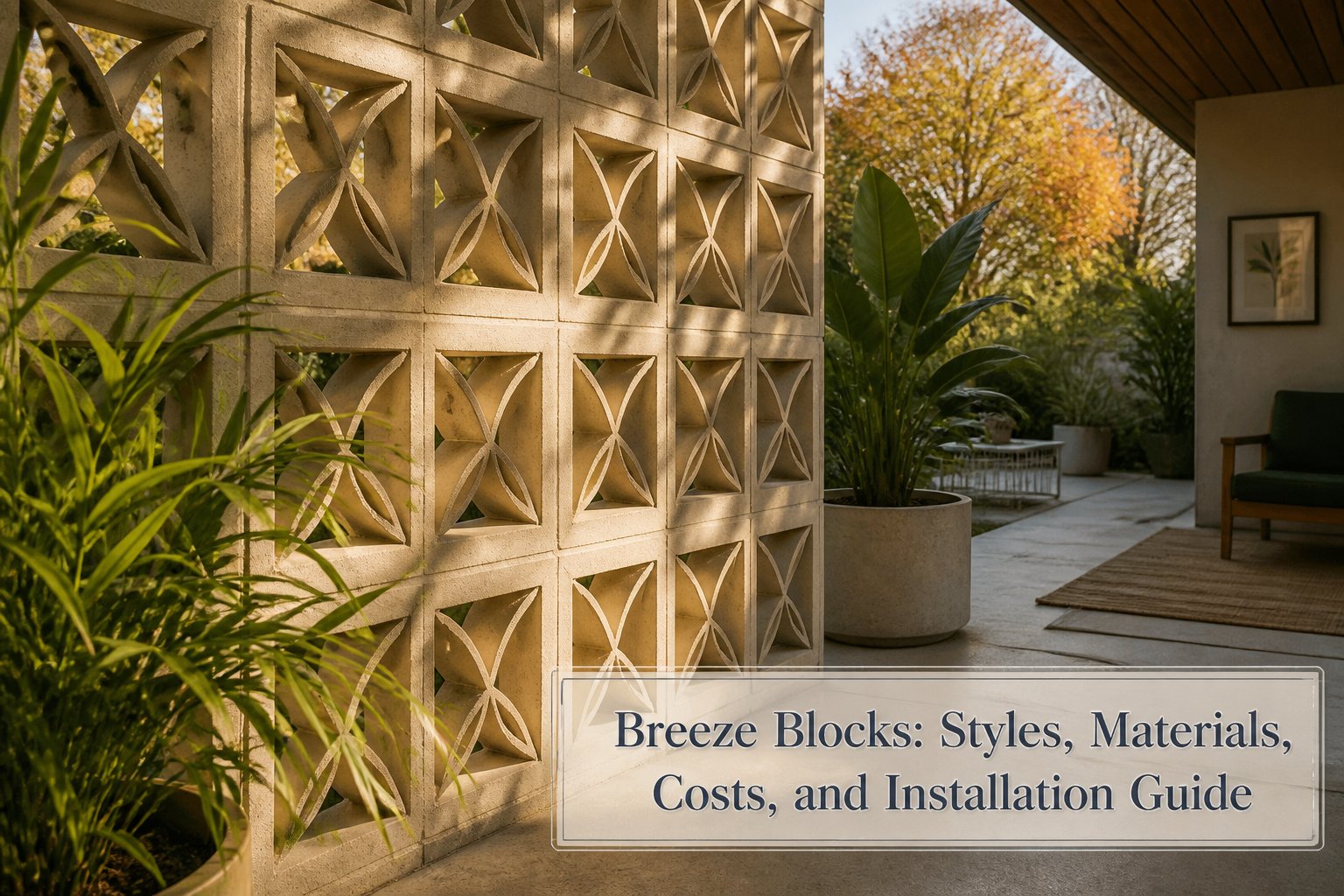 Different styles of breeze blocks displayed in an outdoor setting.