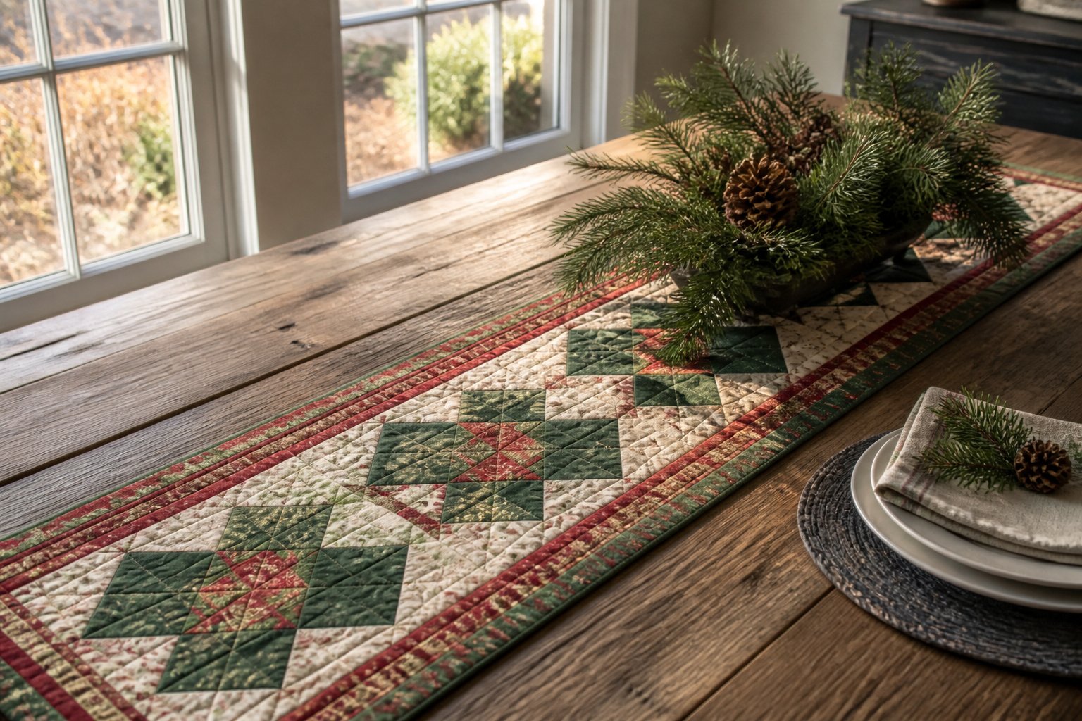 Various Christmas table runners in different fabrics and designs.