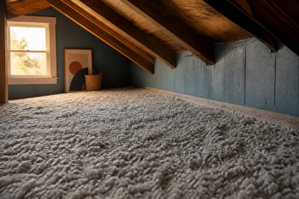 An attic filled with blown-in insulation, showing improved energy efficiency.