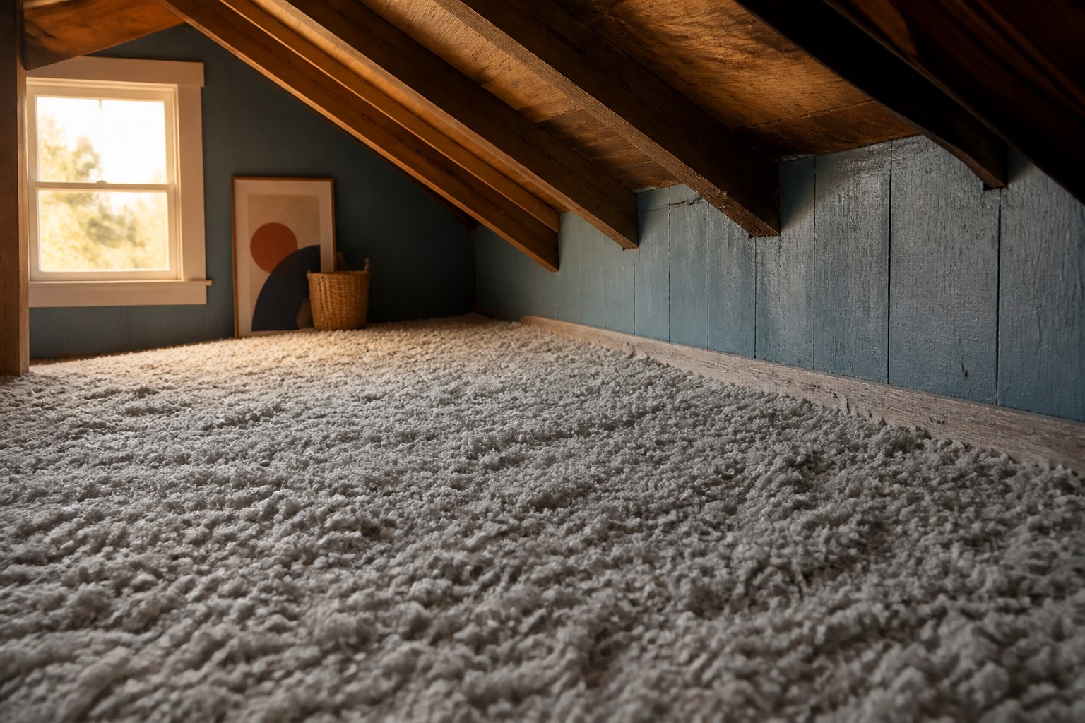 An attic filled with blown-in insulation, showing improved energy efficiency.