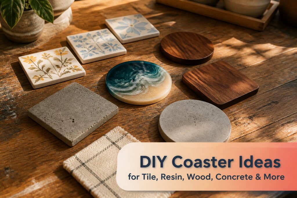 A variety of DIY coasters made from different materials displayed on a table.