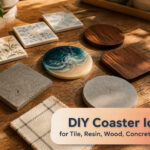 A variety of DIY coasters made from different materials displayed on a table.