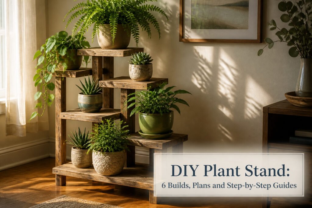A wooden plant stand displaying vibrant plants in a cozy setting.