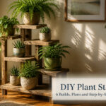A wooden plant stand displaying vibrant plants in a cozy setting.