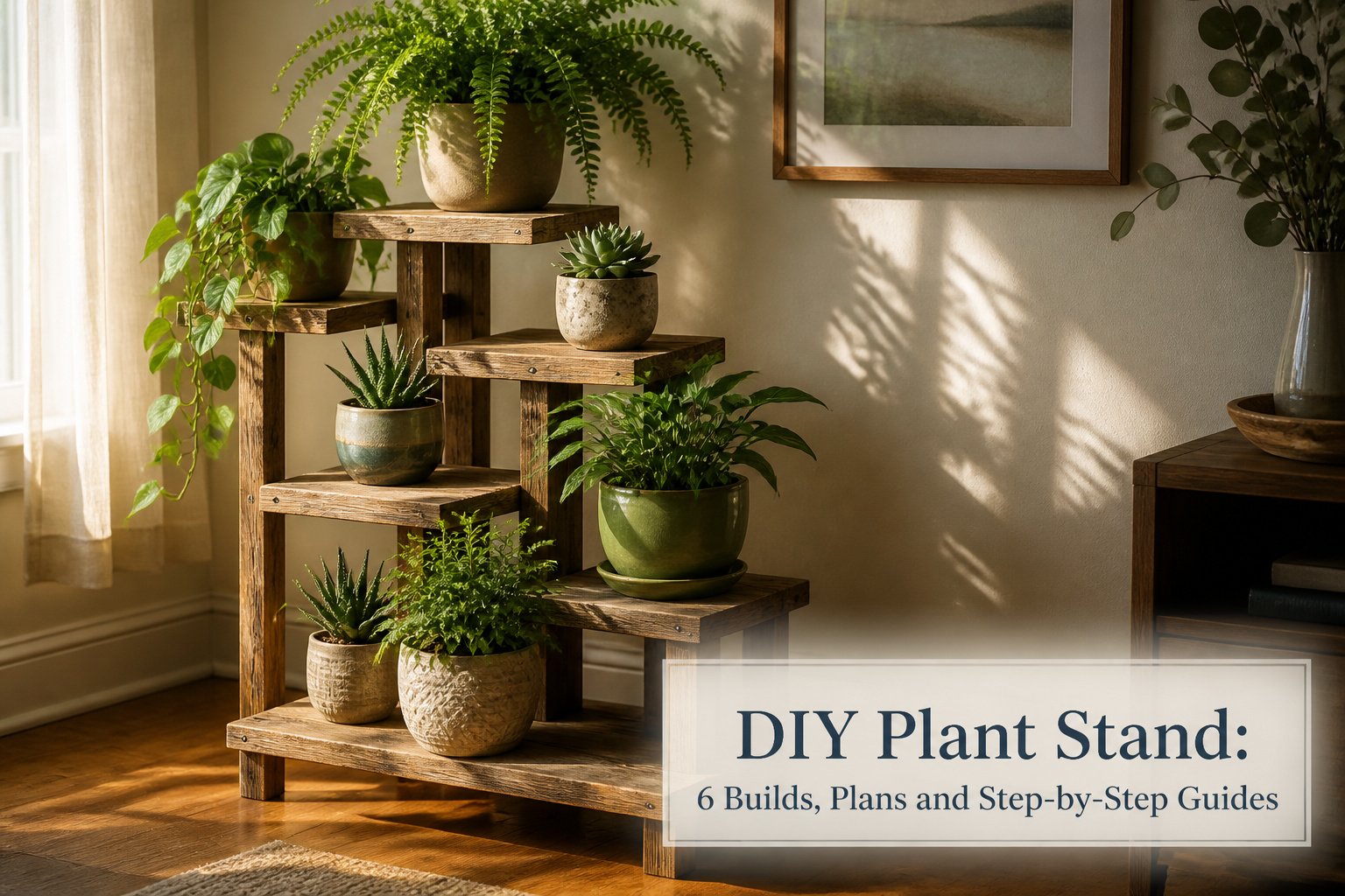 A wooden plant stand displaying vibrant plants in a cozy setting.