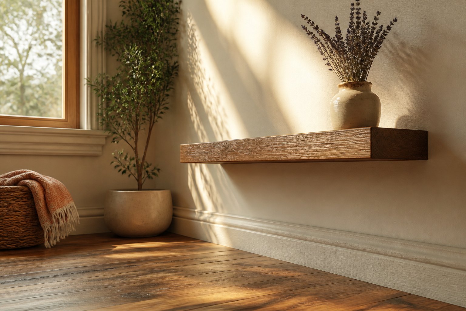 Various floating shelves in a modern home setting.