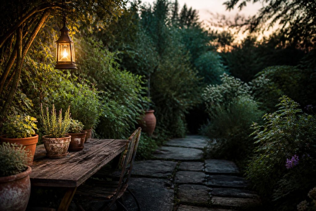 A garden featuring diverse plants, seating, and decorative elements.