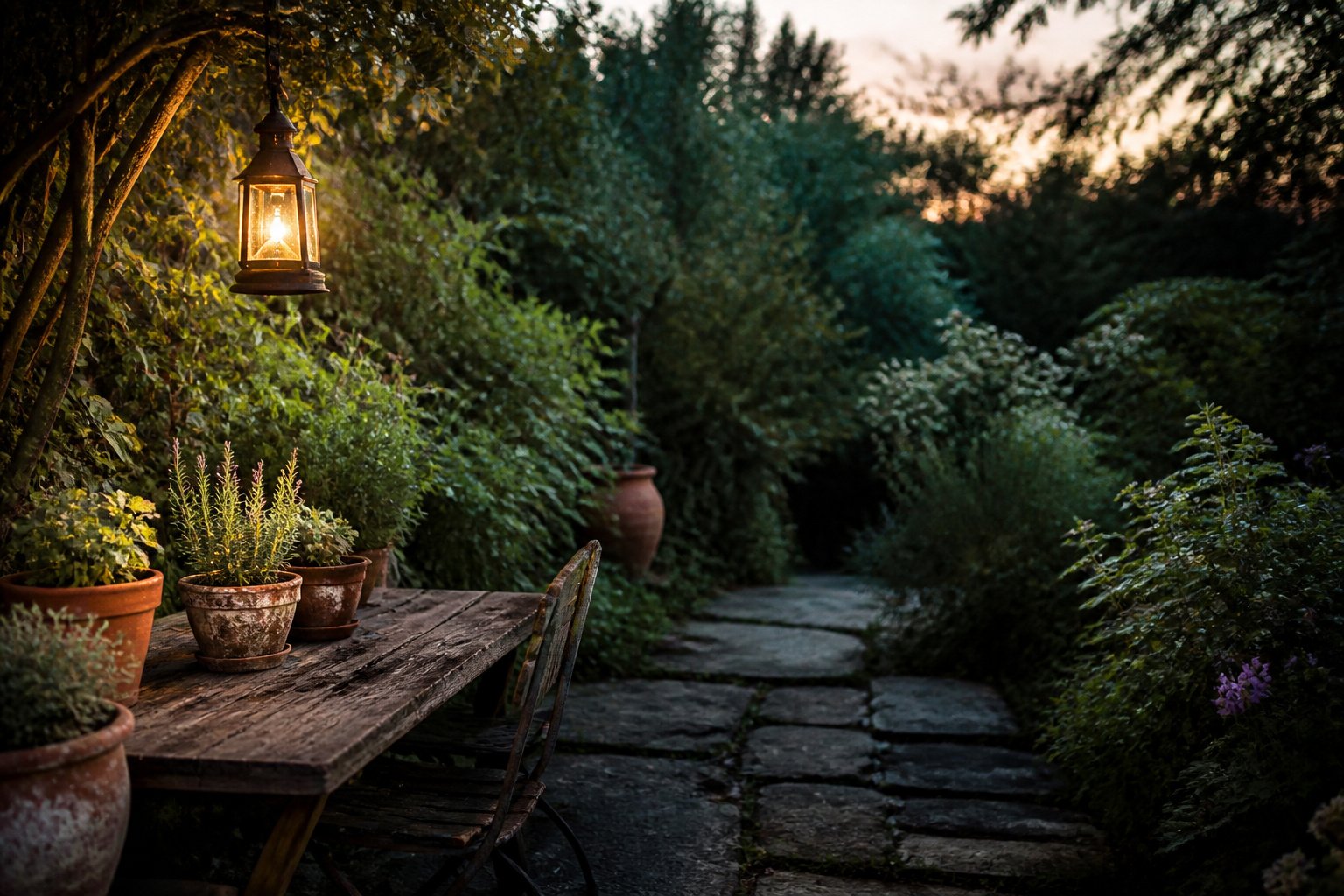A garden featuring diverse plants, seating, and decorative elements.