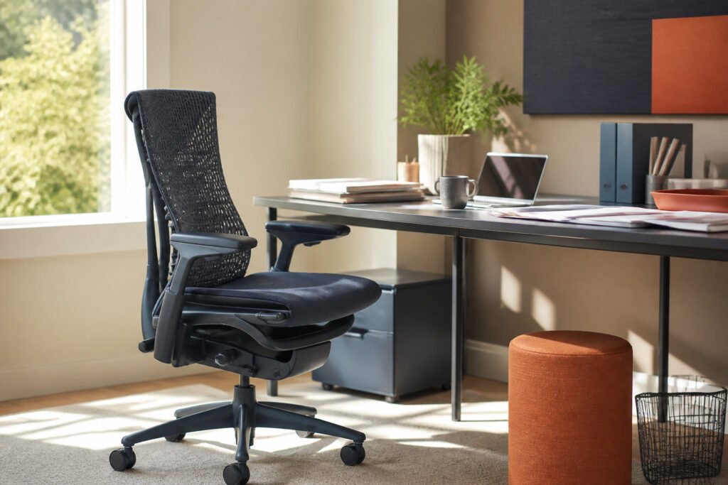 Bright home office with a Herman Miller Embody chair and desk setup