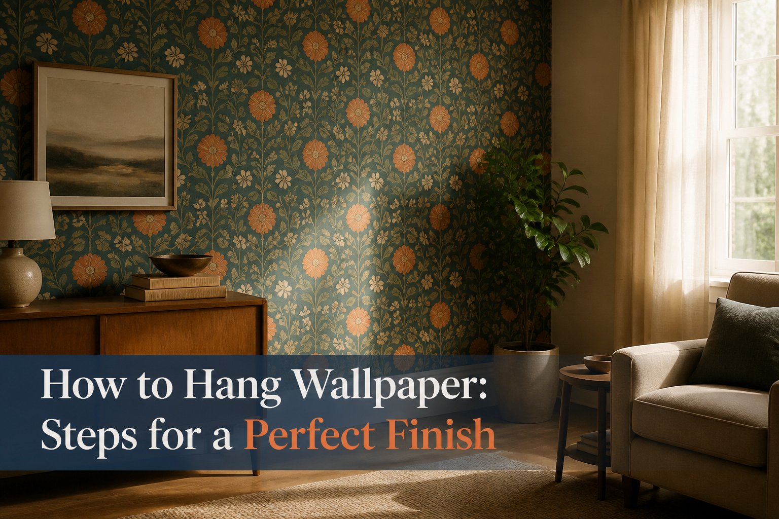 Room with freshly hung wallpaper and bright decor.