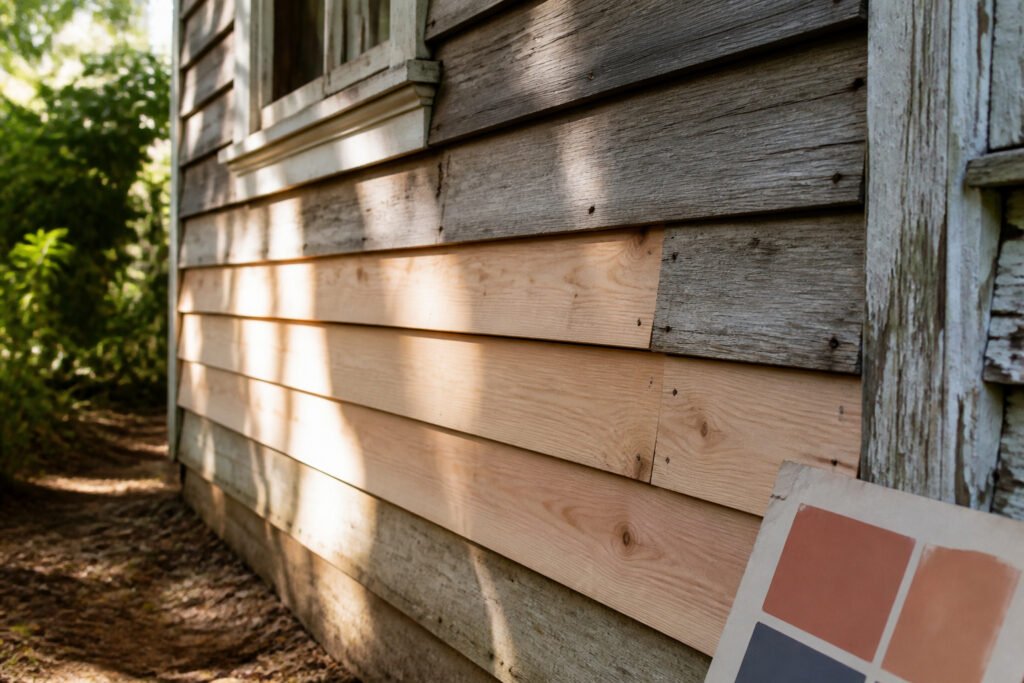 A person inspecting damaged siding on a house.