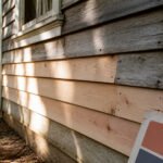 A person inspecting damaged siding on a house.