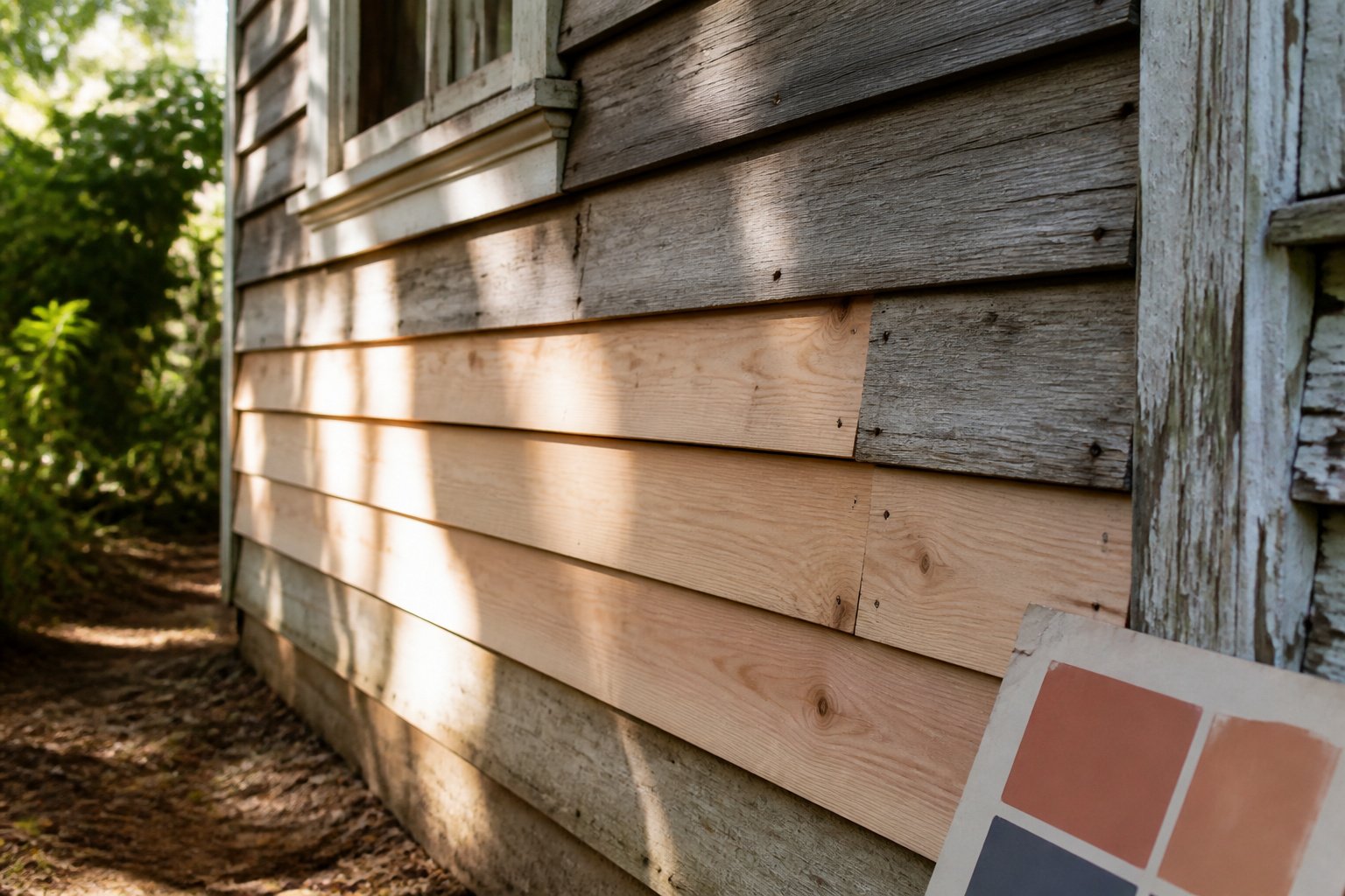 A person inspecting damaged siding on a house.
