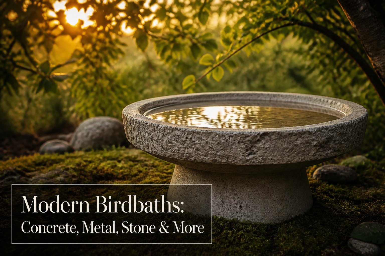 A stylish birdbath situated in a colorful garden with flowers and greenery.