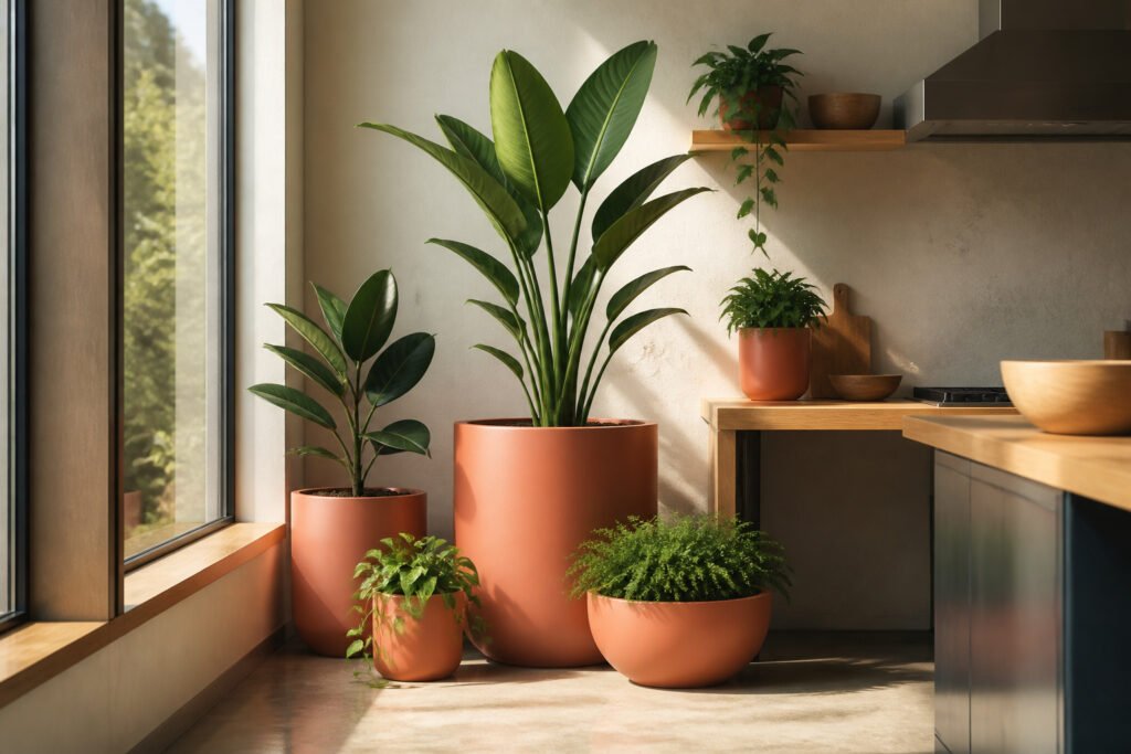 Multiple modern planters in various materials and colors arranged in an entryway.