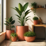 Multiple modern planters in various materials and colors arranged in an entryway.