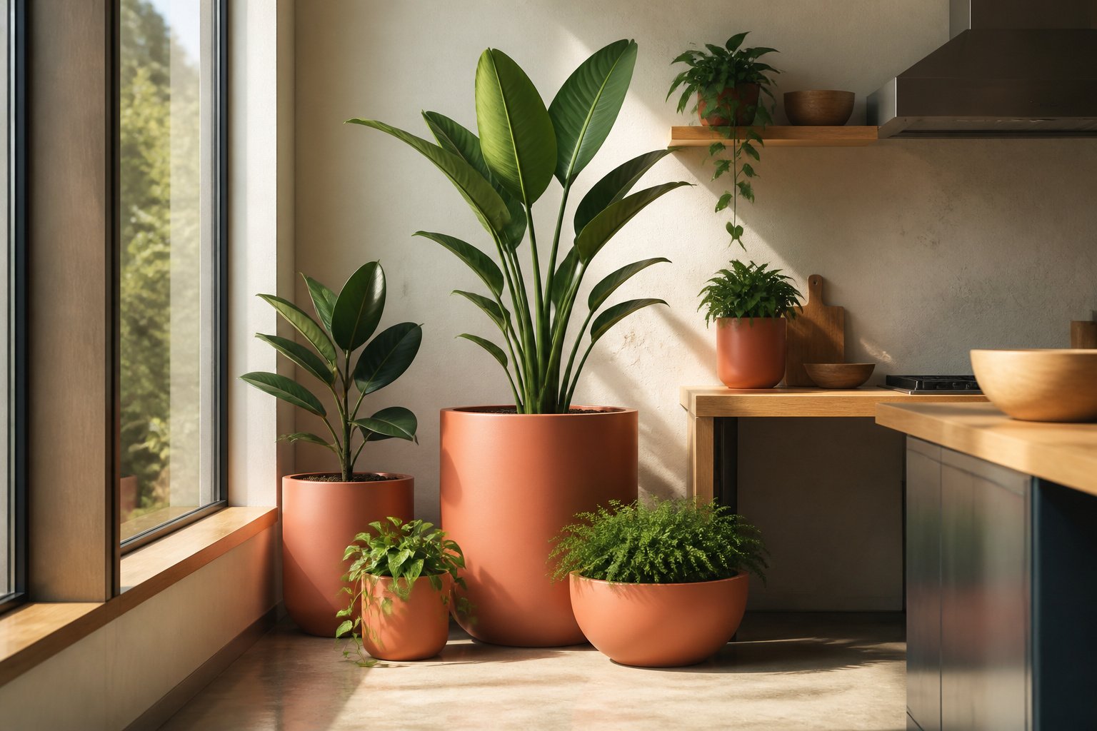 Multiple modern planters in various materials and colors arranged in an entryway.