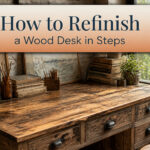Refinished wood desk with a glossy surface in a garage.