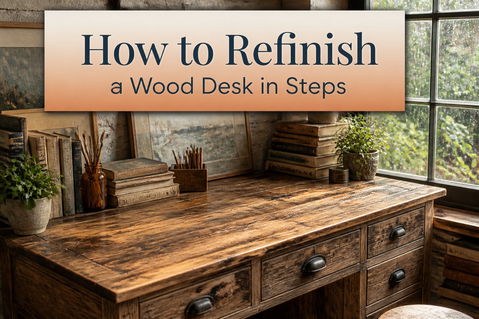 Refinished wood desk with a glossy surface in a garage.