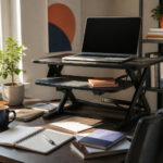 Cluttered home office desk with a small standing desk converter