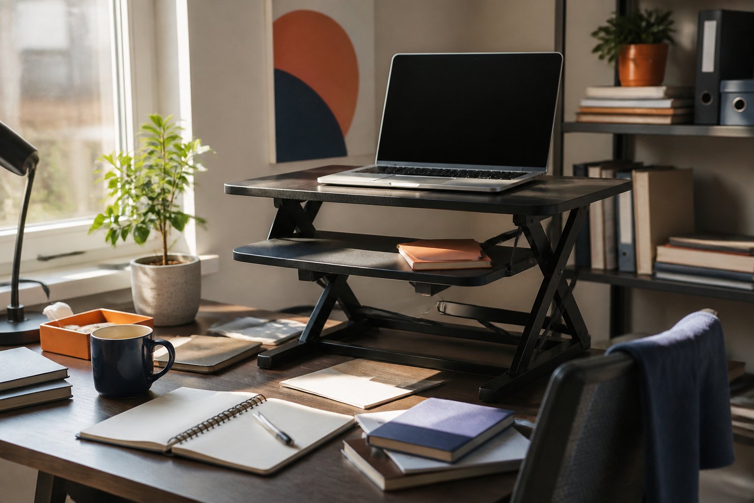 Cluttered home office desk with a small standing desk converter