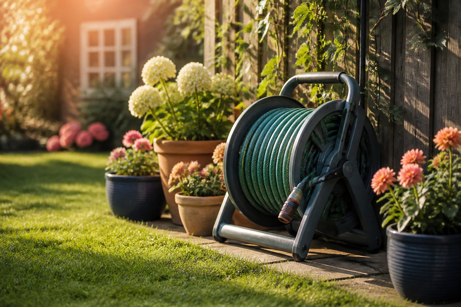 A vibrant garden scene with sunlight illuminating a sturdy hose reel.