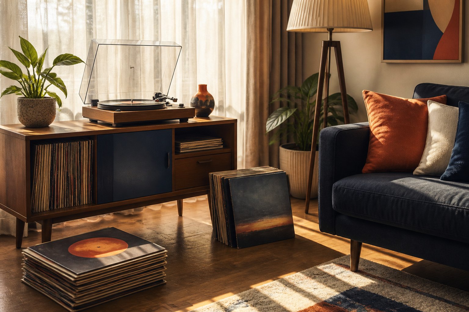 Cozy living room with sunlight streaming through sheer curtains