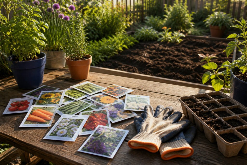 Sunlit backyard garden with rich, dark soil ready for planting.