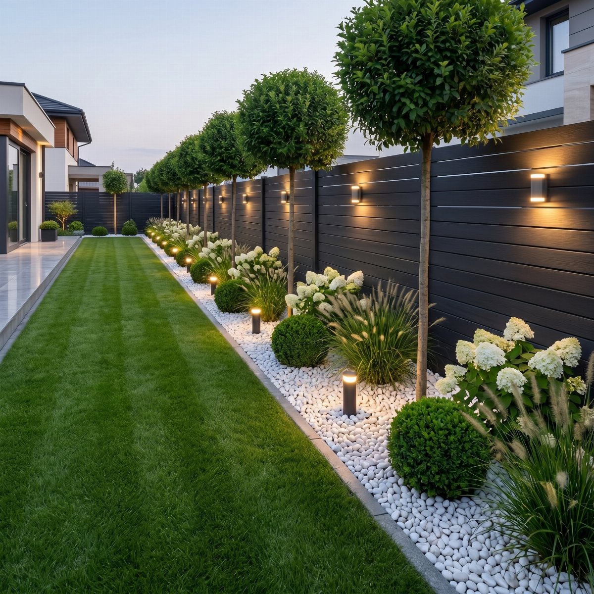 Manicured lawn and garden with topiary trees, white pebbles, and hydrangeas along a dark fence.
