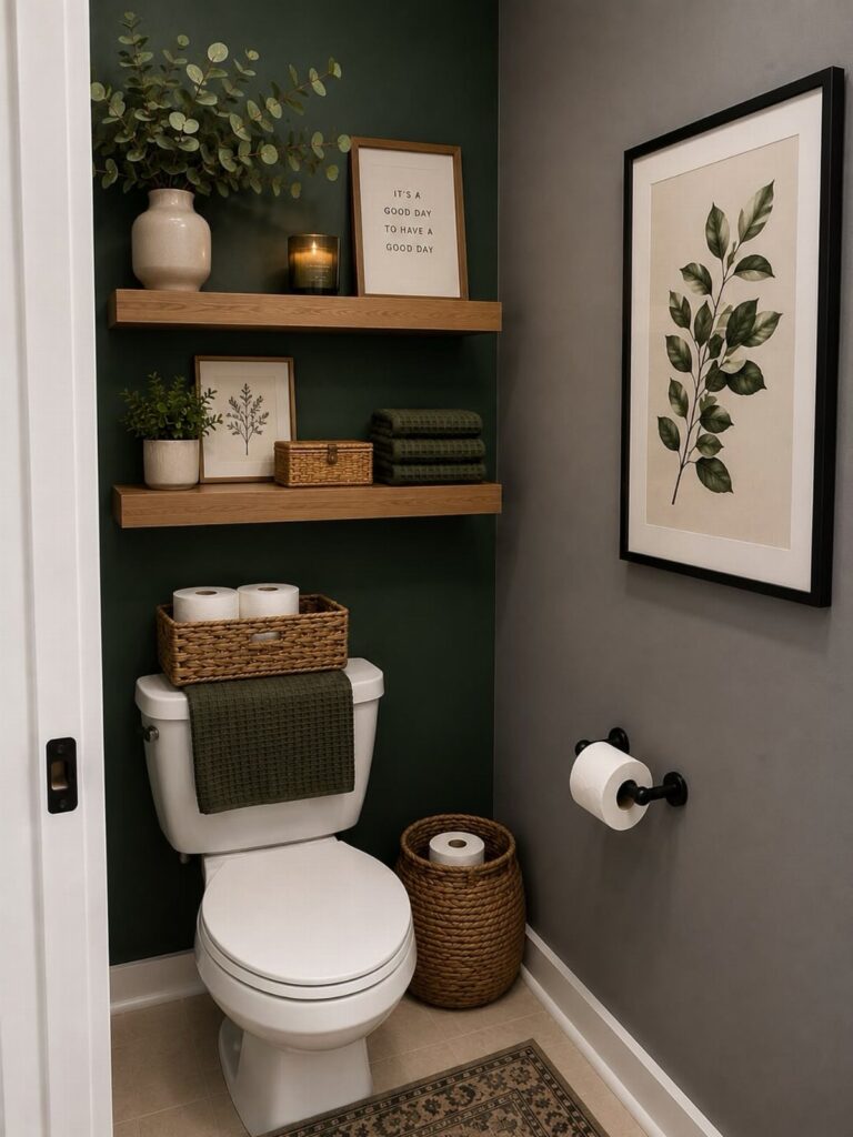 Wooden floating shelves decorated with plants, candles, and framed art on a dark green bathroom wall.