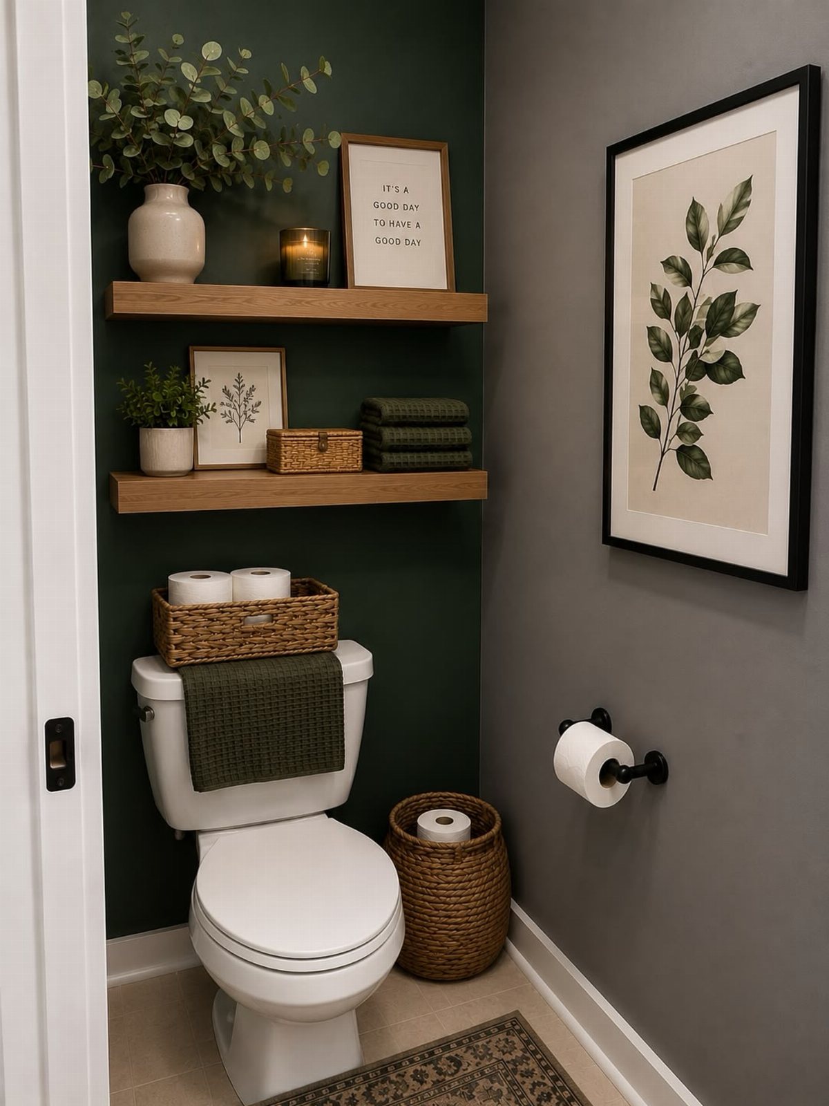 Wooden floating shelves decorated with plants, candles, and framed art on a dark green bathroom wall.
