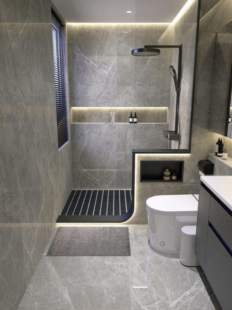 Modern grey marble bathroom with a walk-in shower, black rainfall showerhead, and white toilet.