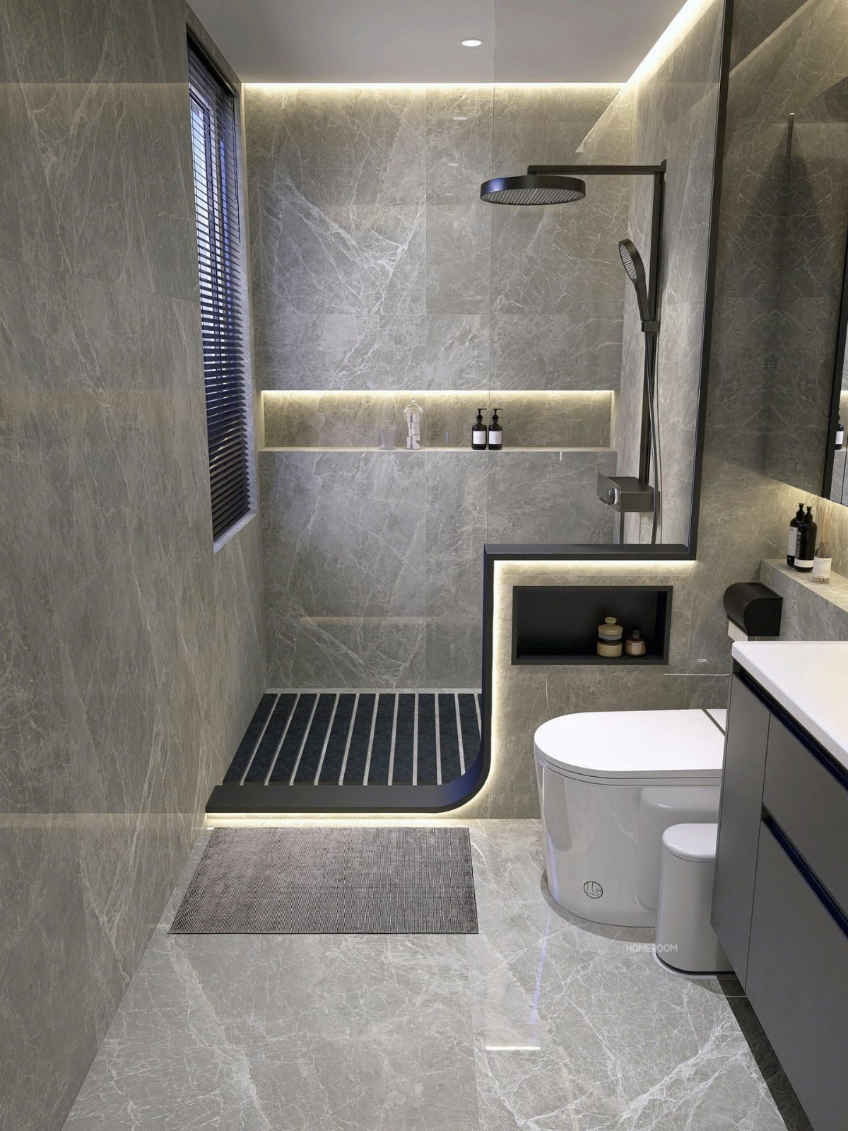 Modern grey marble bathroom with a walk-in shower, black rainfall showerhead, and white toilet.