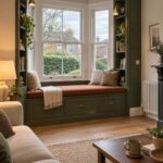 Built-in bay window seat with green cabinetry, terracotta cushion, and pillows overlooking a garden view.