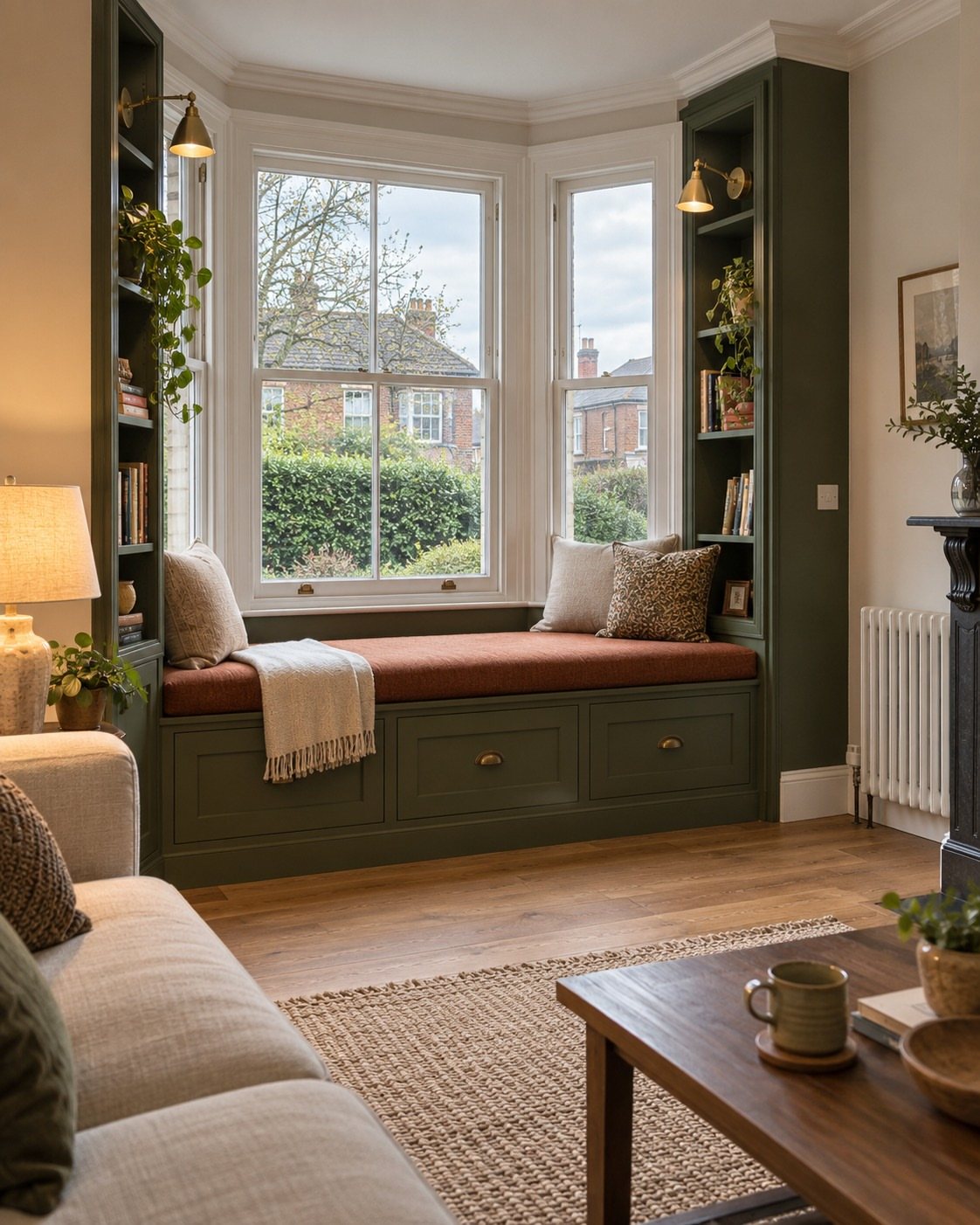 Built-in bay window seat with green cabinetry, terracotta cushion, and pillows overlooking a garden view.