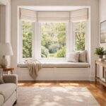 Cream roman shades covering a large bay window with built-in cushioned seating in a bright room.