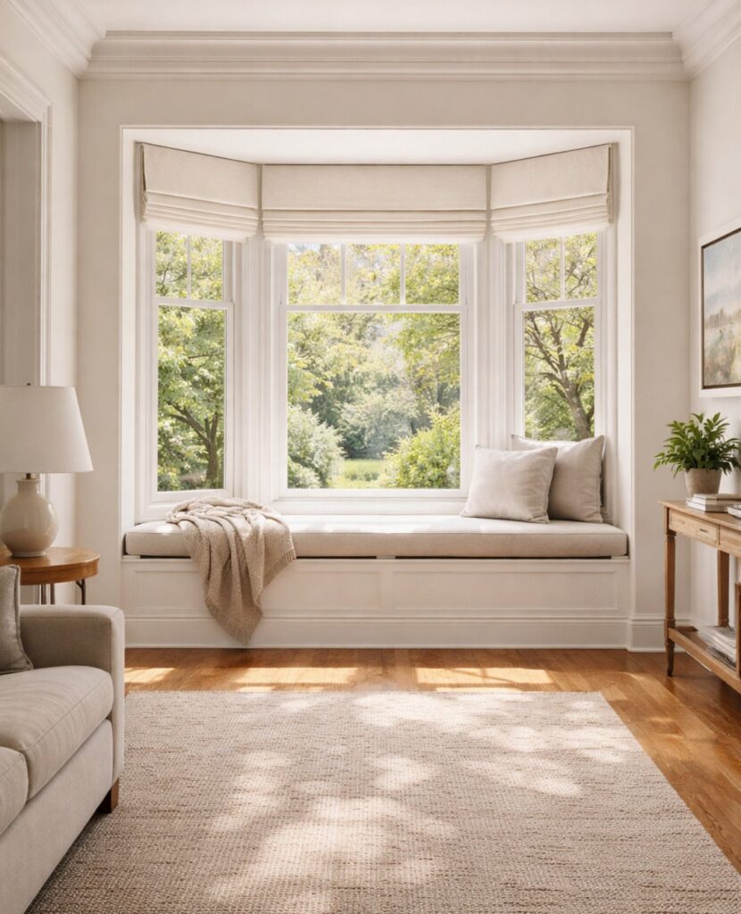 Cream roman shades covering a large bay window with built-in cushioned seating in a bright room.