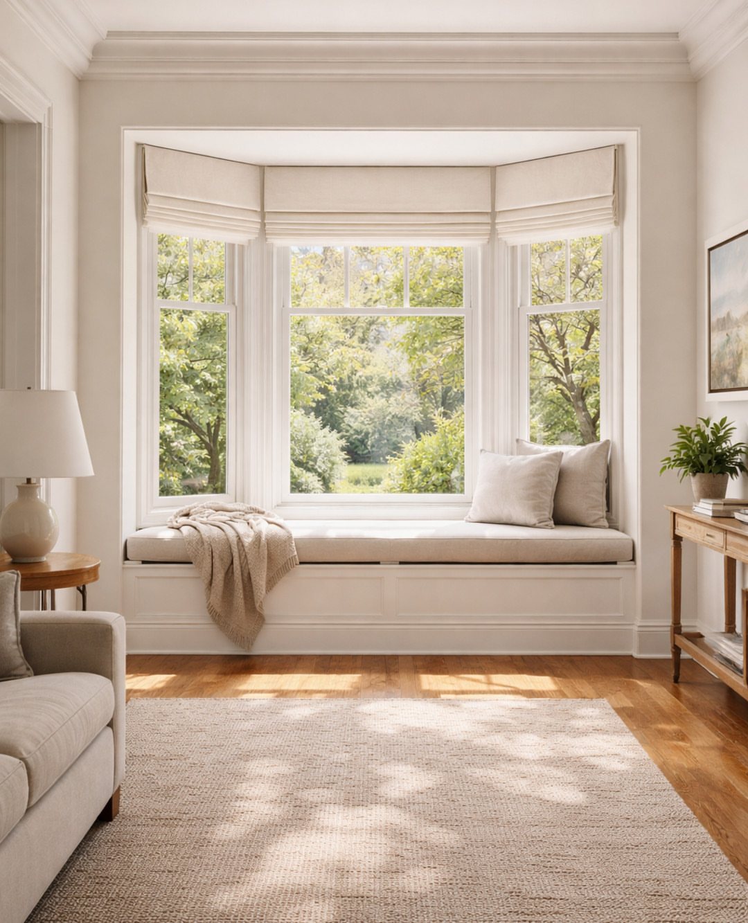 Cream roman shades covering a large bay window with built-in cushioned seating in a bright room.