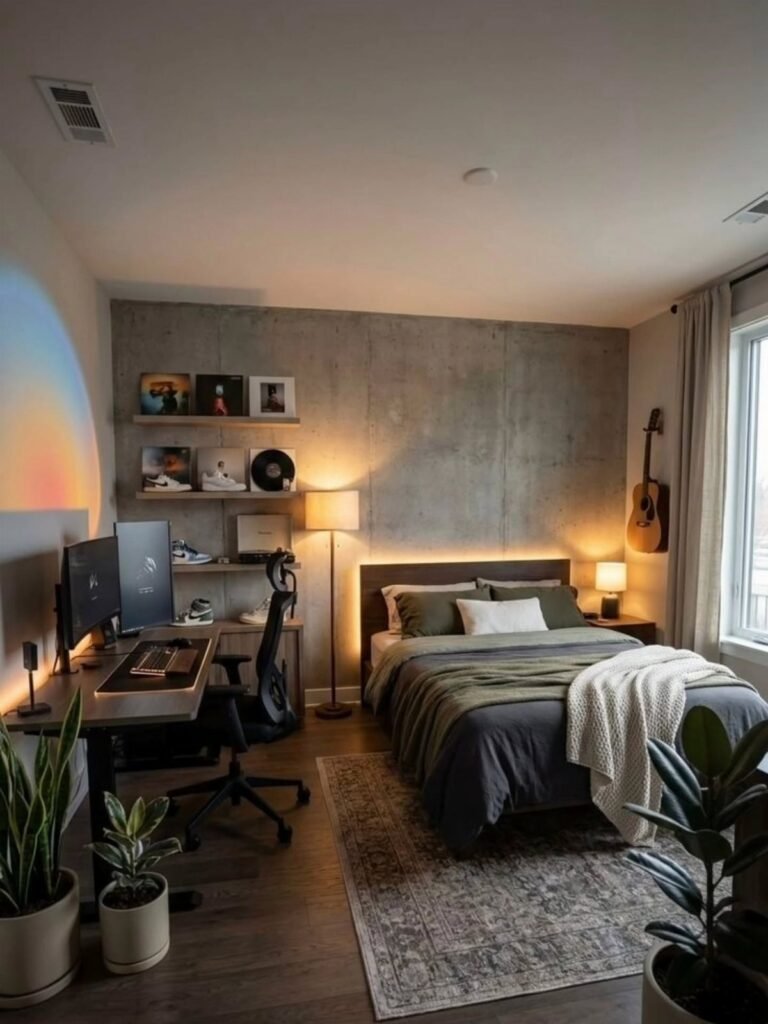 A modern bedroom containing a workspace with a desk, monitors, and an office chair next to a bed.