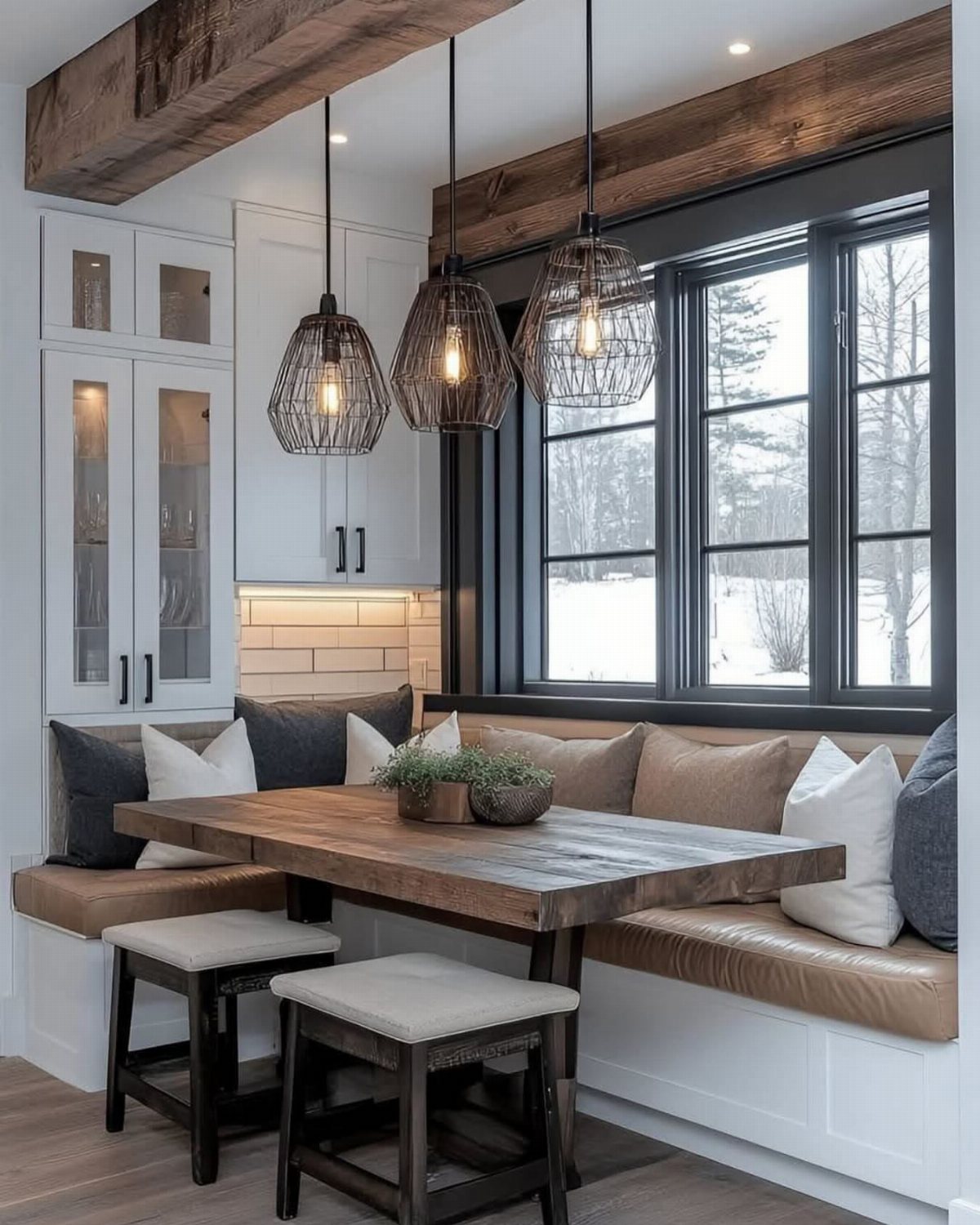 A wooden dining table with built-in banquette seating and wire pendant lights by a window.