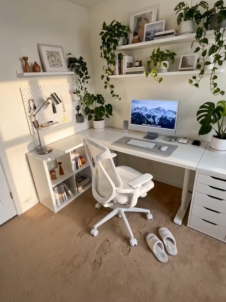 A minimalist white desk setup with a computer, office chair, plants, and organized shelving.