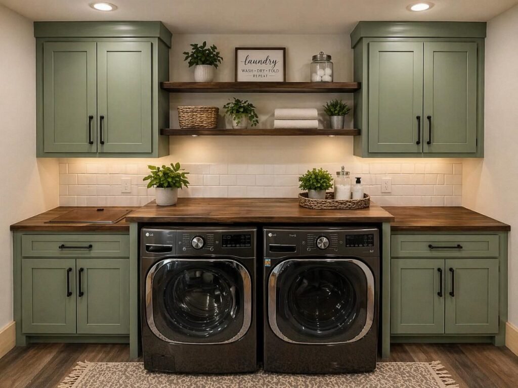 Sage green laundry room cabinets with wooden floating shelves and a matching countertop above washing machines.